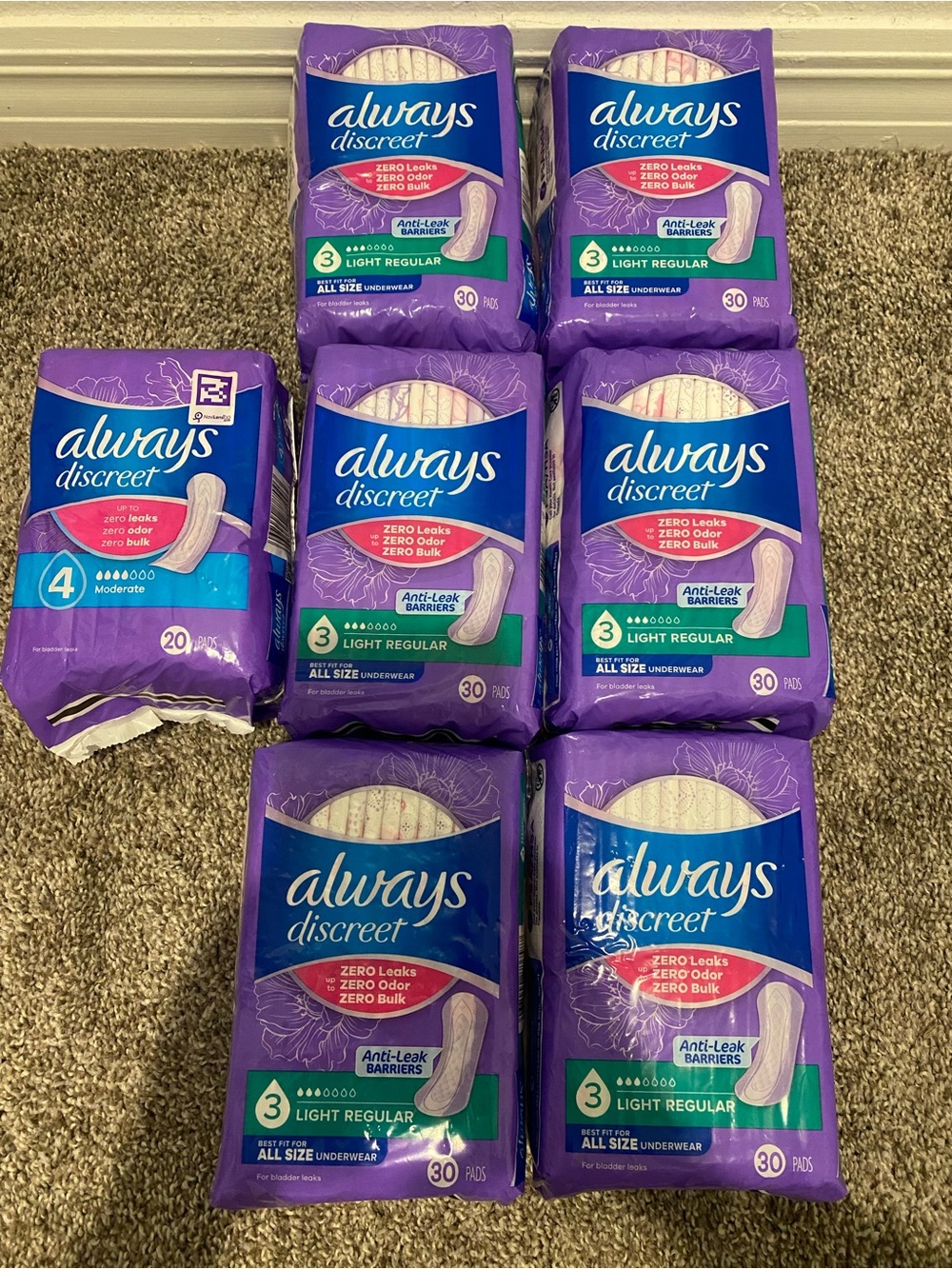 7 packs Always Discreet Light Regular Pads - Purple with Green Accents